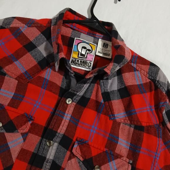 MAMBO Men's MED Red Plaid Flannel Shirt 100% Cotton Lightweight Fabulous Quality - Picture 5 of 12